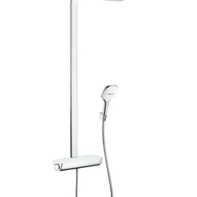 Hansgrohe Raindance Select E - dušas kolonna Showerpipe 360 ar termostata maisītāju, EcoSmart 9 l/min, balta / hromēta 27286400