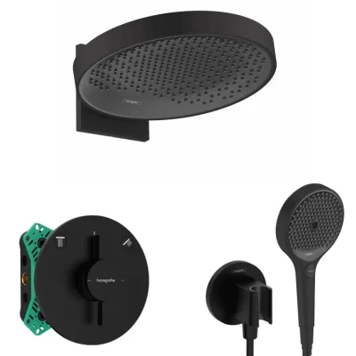 Hansgrohe - dušas komplekts ar zemapmetuma maisītāju, ar montāžas korpusu, diametrs 36 cm, 3 strūklas veidi, matēti melns SANI21HHH408