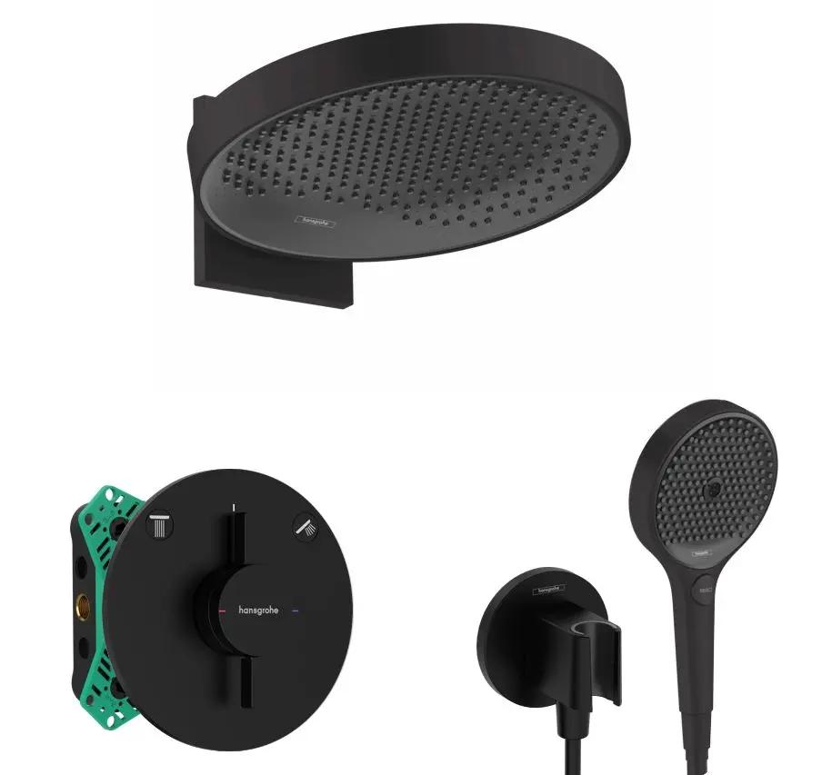 Hansgrohe - dušas komplekts ar zemapmetuma maisītāju, ar montāžas korpusu, diametrs 36 cm, 3 strūklas veidi, matēti melns SANI21HHH408