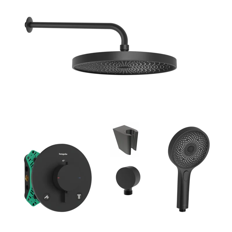 Hansgrohe/Kielle - dušas komplekts ar termostatu un zemapmetuma montāžas korpusu, matēti melns SANI21HKK411