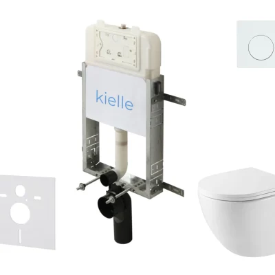 kielle Genesis New - komplekts priekšsienas uzstādīšanai, kompaktais WC Oudee, Vortex Rimless+, Softclose sēdeklis un vadības plate Gemini New I, spīdīgi balts 30528SZ37