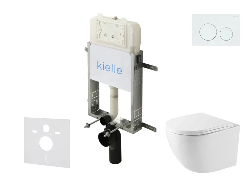 kielle Genesis New - komplekts priekšsienas uzstādīšanai, kompaktais WC Oudee, Vortex Rimless+, Softclose sēdeklis un vadības plate Gemini New I, spīdīgi balts 30528SZ37