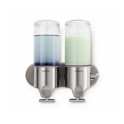 Simplehuman vannas istabas aksesuāri - dozators šķidrajām ziepēm un šampūnam ar turētāju, 2x 444 ml, nerūsējošais tērauds birstēts BT1028