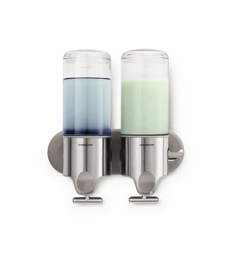 Simplehuman vannas istabas aksesuāri - dozators šķidrajām ziepēm un šampūnam ar turētāju, 2x 444 ml, nerūsējošais tērauds birstēts BT1028