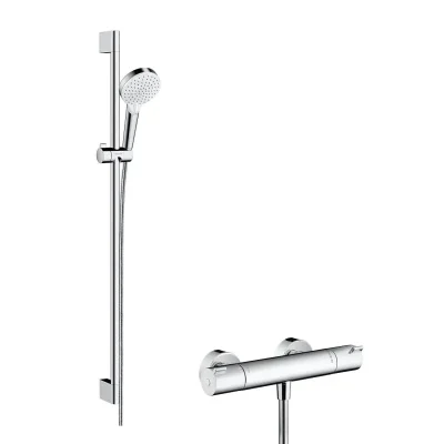 Hansgrohe Crometta - dušas komplekts Vario ar termostatu Ecostat 1001 CL, 2 strūklu veidi, balts/hroms 27813400