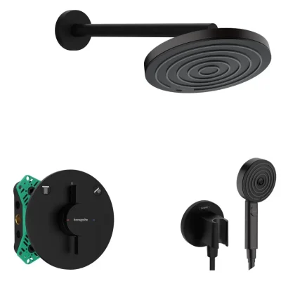 Hansgrohe - dušas komplekts ar zemapmetuma maisītāju, ar montāžas korpusu, diametrs 26 cm, 3 strūklas veidi, matēti melns SANI21HHH400