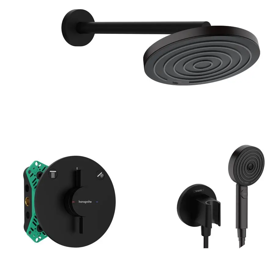 Hansgrohe - dušas komplekts ar zemapmetuma maisītāju, ar montāžas korpusu, diametrs 26 cm, 3 strūklas veidi, matēti melns SANI21HHH400