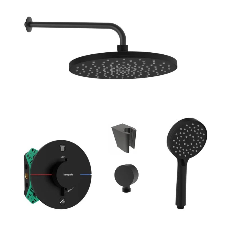 Hansgrohe/Kielle - dušas komplekts ar termostatu un zemapmetuma iebūves korpusu, matēti melns SANI21HKK418