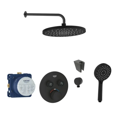 Grohe/Kielle - dušas komplekts ar termostatu un zemapmetuma montāžas korpusu, matēti melns SANI21GKK401